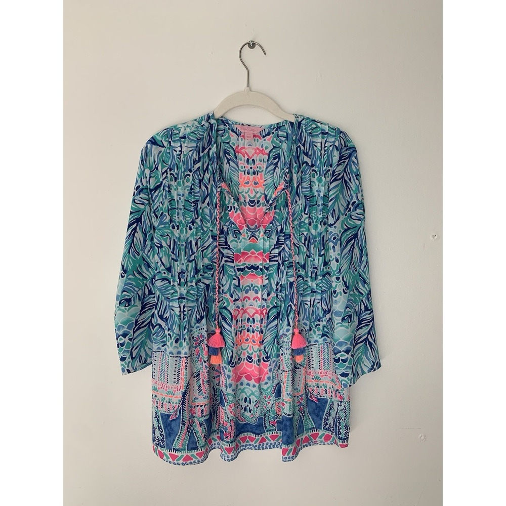 Lilly Pulitzer Marilina Tasseled Tunic Top XXS Lileeze Fabric Resort Palm Beach